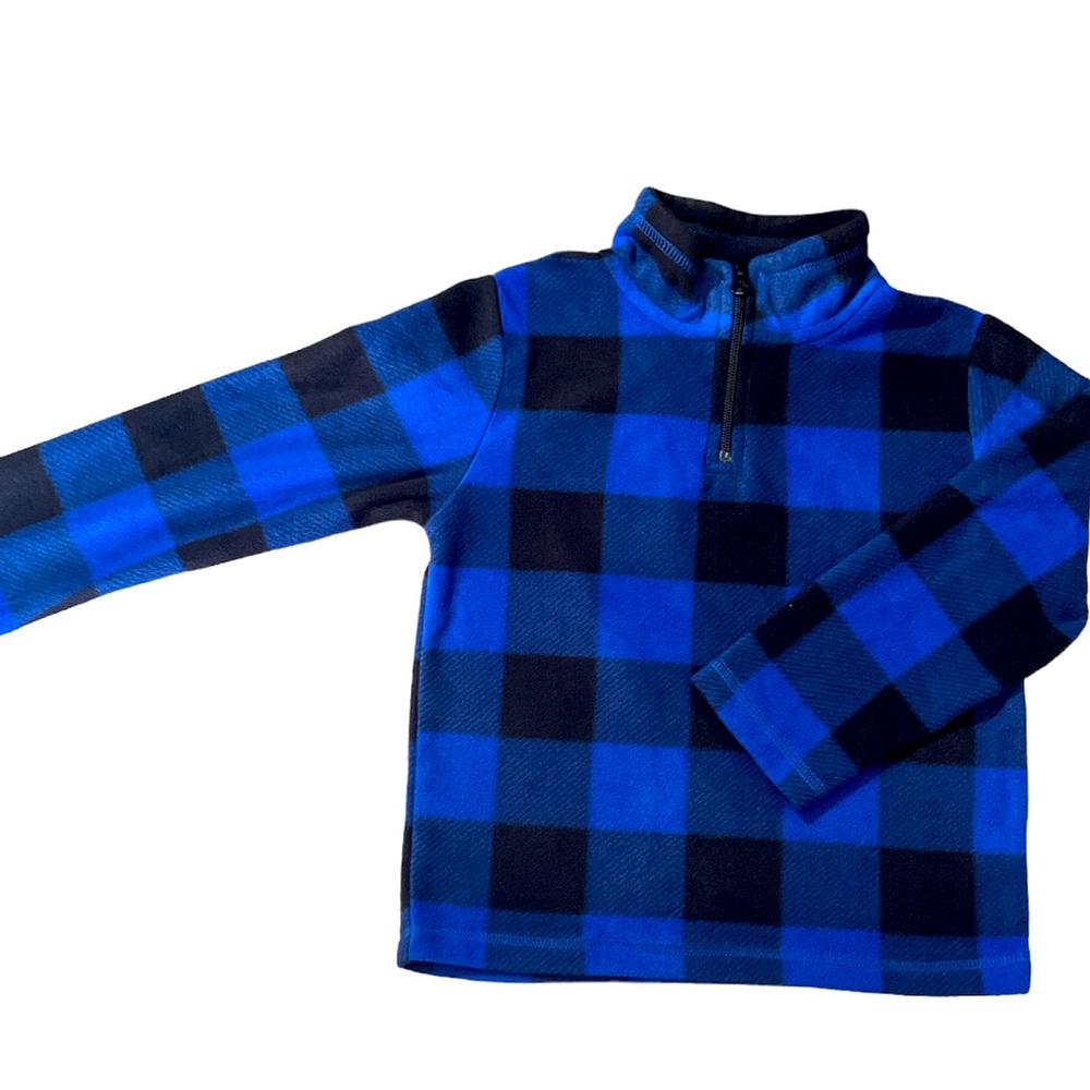 Blue and black plaid fleece pullover